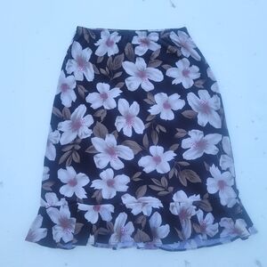 Tapemeasure Women’s Brown & White Stretch Floral Skirt Ruffles Elastic Waist M